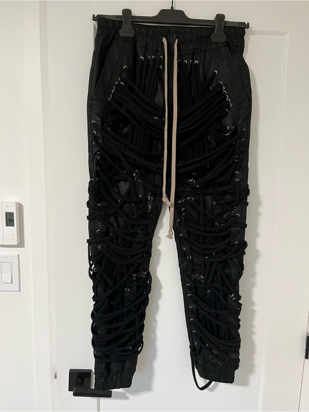 Black Lace-Up Detail Waxed Stretchy Joggers, Size 32
